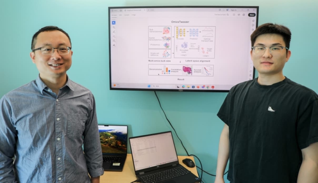 Zheng Xia, Ph.D., left, has developed a new tool called OmicsTweezer that uses advanced machine learning techniques to analyze large-scale biological data. Xinxing Yang, Ph.D., right, a postdoctoral scholar in Xia’s lab, is lead author of the published study.