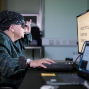 Study partipant Sheila Irvine, a patient at Moorfields, training with the PRIMA device